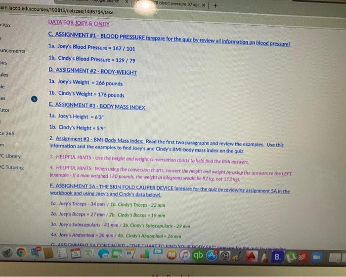 R2022 Arn Laccd Edu Courses 192815 Quizzes 1495754 Take Data For Joey Cindy C Assignment 1 Blood Pressure Prepare 1