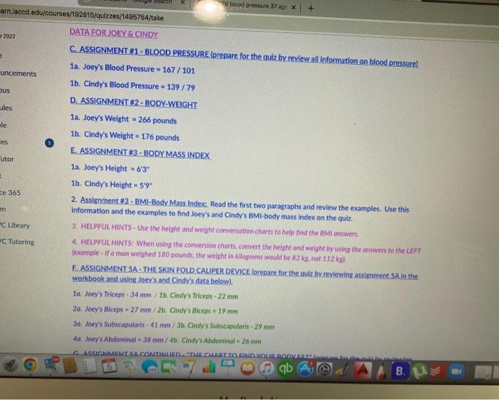 R2022 Arn Laccd Edu Courses 192815 Quizzes 1495754 Take Data For Joey Cindy C Assignment 1 Blood Pressure Prepare 1