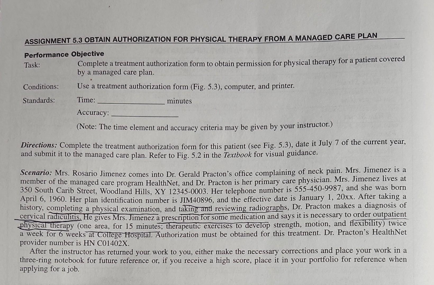 Assignment 5 3 Obtain Authorization For Physical Therapy From A Managed Care Plan Performance Objective Complete A Treat 1