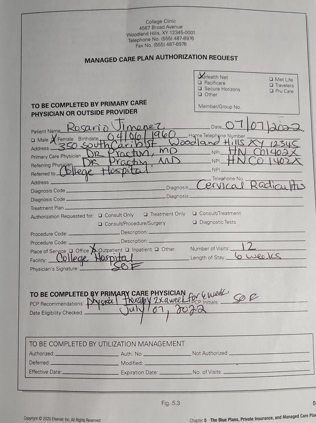 Assignment 5 3 Obtain Authorization For Physical Therapy From A Managed Care Plan Performance Objective Complete A Treat 2