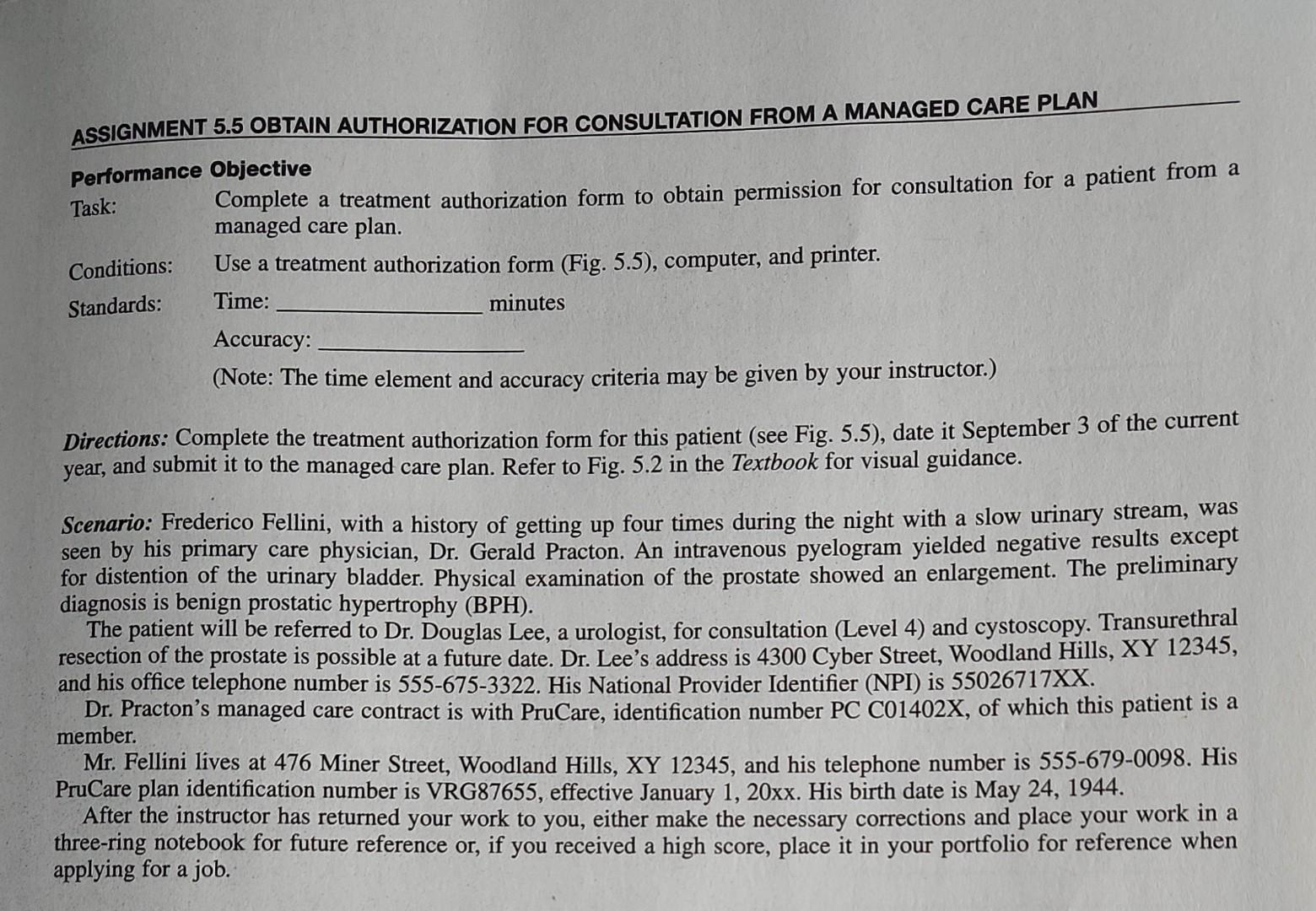 Assignment 5 5 Obtain Authorization For Consultation From A Managed Care Plan Performance Objective Task Conditions St 1