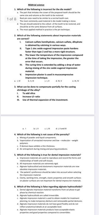 Midtrial Science 1 Which Of The Following Is Incorrect For The Die Model A The Part That Imitates The Crown Of The Pr 1