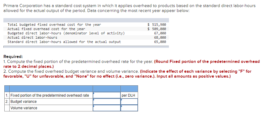 Primara Corporation Has A Standard Cost System In Which It Applies Overhead To Products Based On The Standard Direct Lab 1