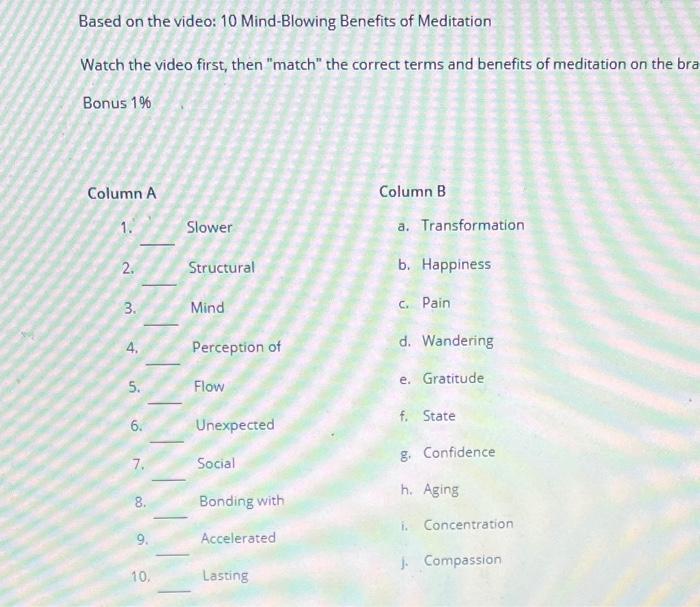 Based On The Video 10 Mind Blowing Benefits Of Meditation Watch The Video First Then Match The Correct Terms And Ben 1