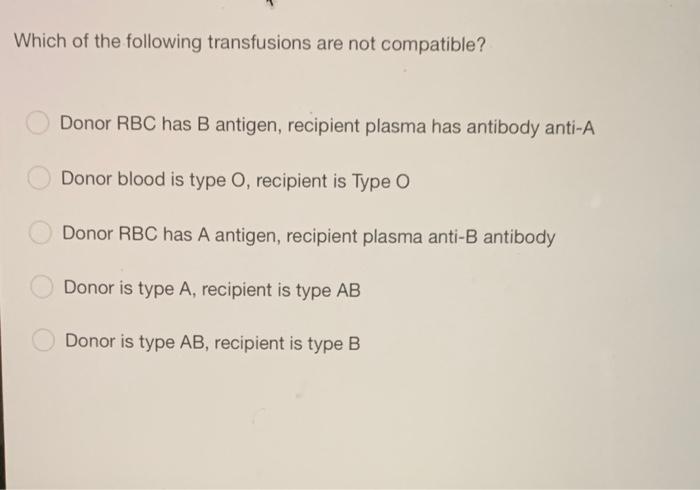 Which Of The Following Transfusions Are Not Compatible Donor Rbc Has B Antigen Recipient Plasma Has Antibody Anti A Do 1
