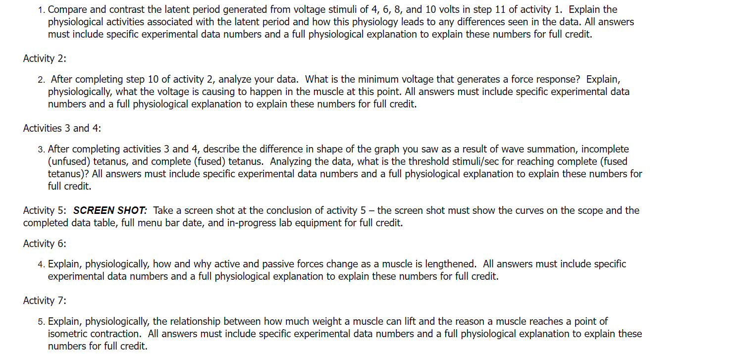 1 Compare And Contrast The Latent Period Generated From Voltage Stimuli Of 4 6 8 And 10 Volts In Step 11 Of Activity 1