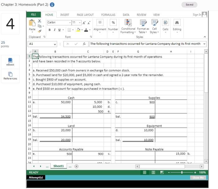 Chapter 3 Homework Part 2 Saved File Home Insert Page Layout Formulas Data Review View Sign In 11 4 Paste 25 Points 1