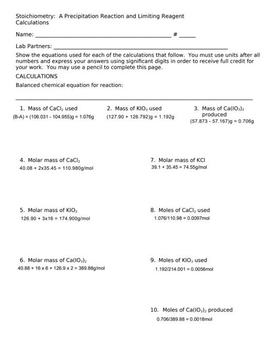 Stoichiometry A Precipitation Reaction And Limiting Reagent Calculations Name Lab Partners Show The Equations Used Fo 1
