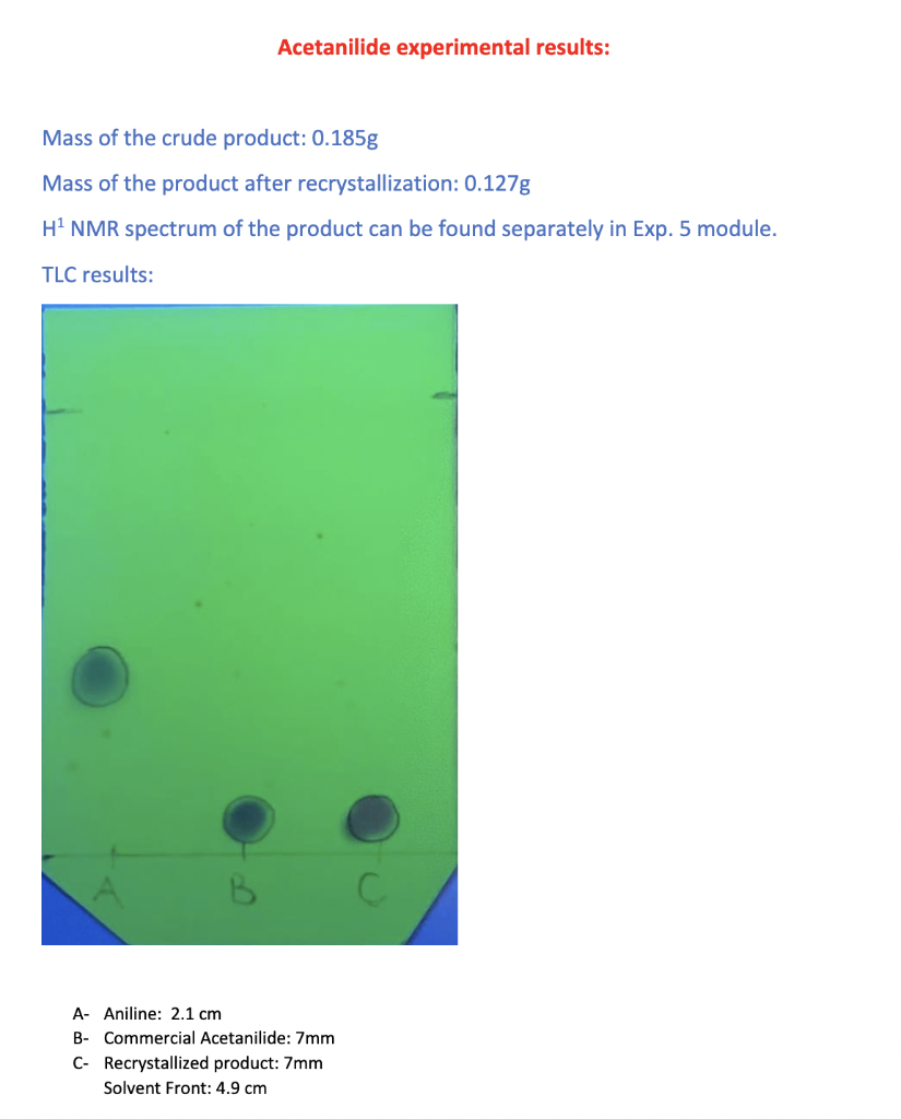 Acetanilide Experimental Results Mass Of The Crude Product 0 185g Mass Of The Product After Recrystallization 0 127g 1