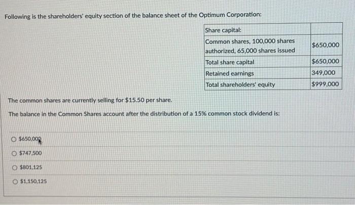 Following Is The Shareholders Equity Section Of The Balance Sheet Of The Optimum Corporation 650 000 Share Capital C 1