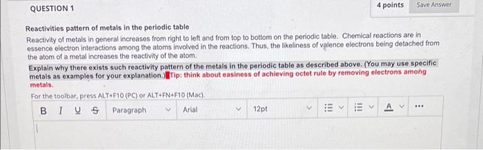 Question 1 Reactivities Pattern Of Metals In The Periodic Table Reactivity Of Metals In General Increases From Right To 1