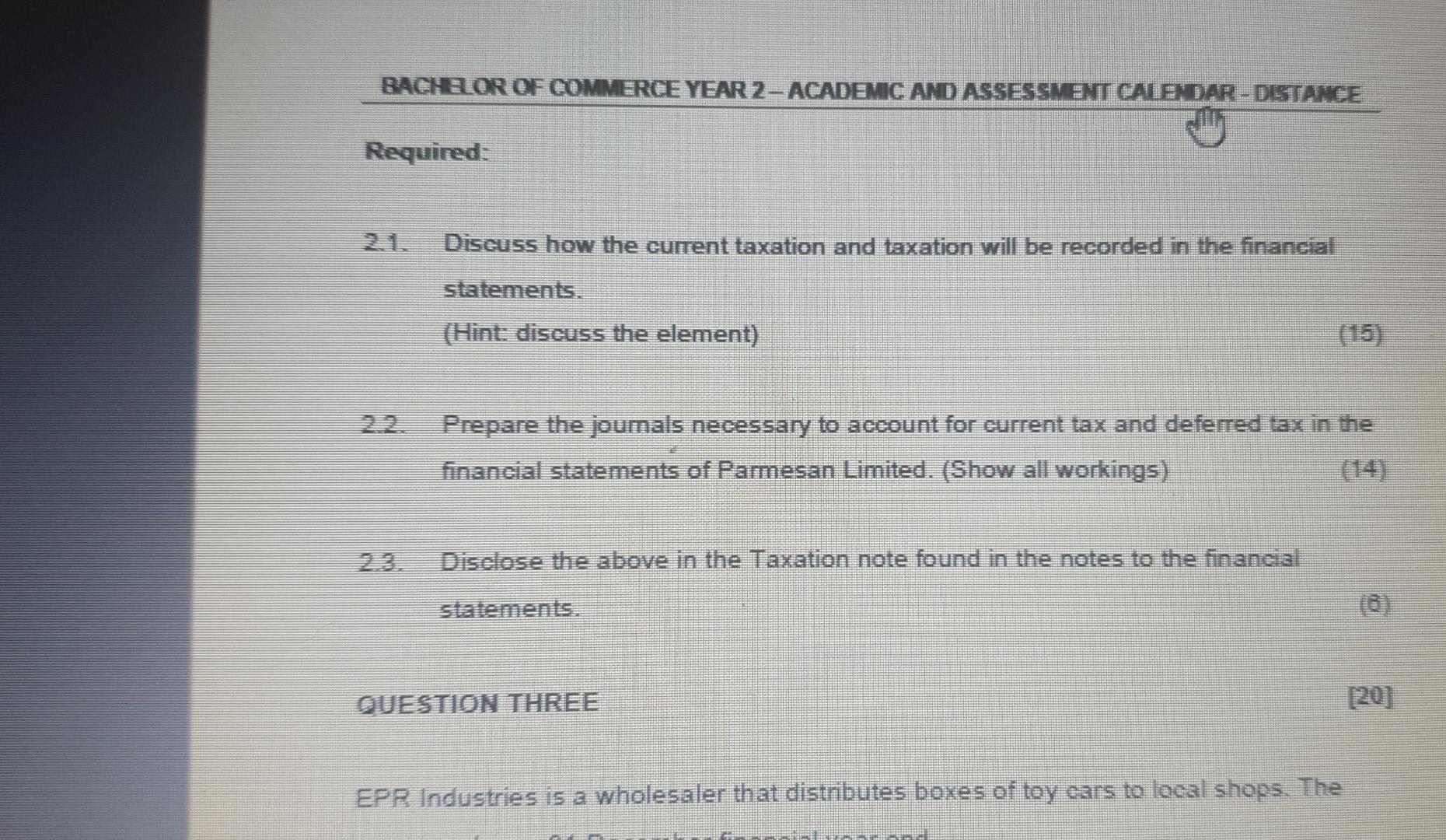 Bachelor Of Commerce Year 2 Academic And Assessment Calendar Distance Required Discuss How The Current Taxation And T 1