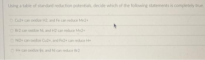 Using A Table Of Standard Reduction Potentials Decide Which Of The Following Statements Is Completely True Cu2 Can Ox 1