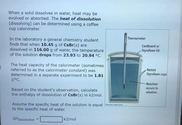 When A Solid Dissolves In Water Heat May Be Evolved Or Absorbed The Heat Of Dissolution Dissolving Can Be Determined 1