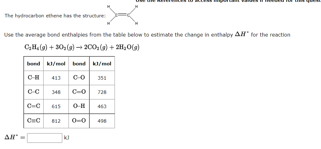 The Hydrocarbon Ethene Has The Structure Ah Use The Average Bond Enthalpies From The Table Below To Estimate The Cha 1