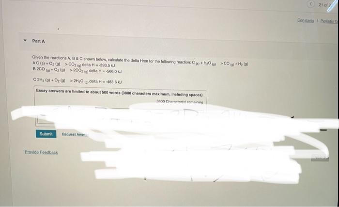 Part A Given The Reactions A B C Shown Below Calculate The Delta Hrxn For The Following Reaction C S H O G Co 1