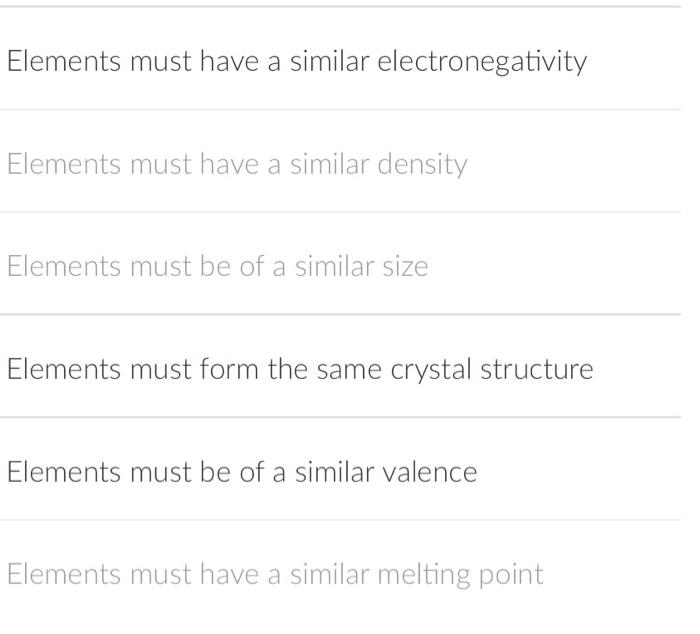 The Hume Rothery Solubility Rules Help To Identify What Elements Usually Two Different Metals Will Form A Complete S 4