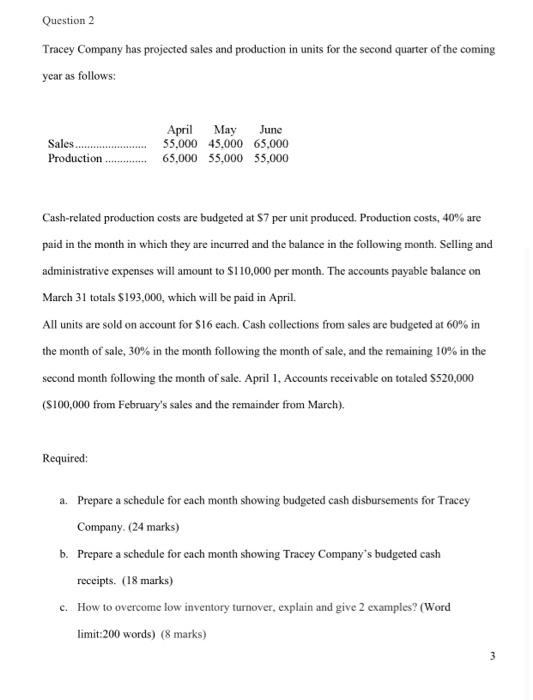 Question 2 Tracey Company Has Projected Sales And Production In Units For The Second Quarter Of The Coming Year As Follo 1