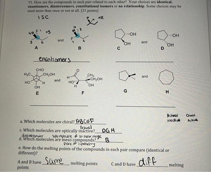 11 How Are The Compounds In Each Pair Related To Each Other Your Choices Are Identical Enantiomers Diastereomers Co 1