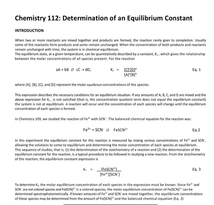 Chemistry 112 Determination Of An Equilibrium Constant Introduction When Two Or More Reactants Are Mixed Together And P 1