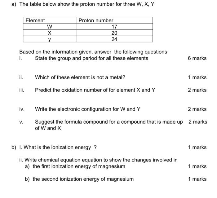 A The Table Below Show The Proton Number For Three W X Y Ii Iii Iv Element Based On The Information Given Answer 1