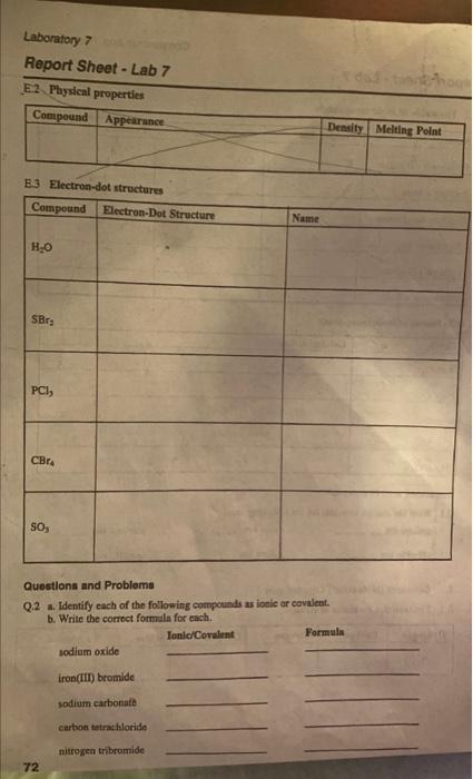 Laboratory 7 Report Sheet Lab 7 E2 Physical Properties Compound Appearance E3 Electron Dot Structures Compound Electron 1