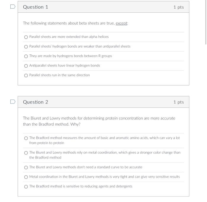Question 1 The Following Statements About Beta Sheets Are True Except Parallel Sheets Are More Extended Than Alpha Hel 1