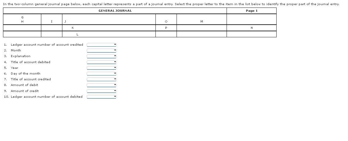 In The Two Column General Journal Page Below Each Capital Letter Represents A Part Of A Journal Entry Select The Prope 1