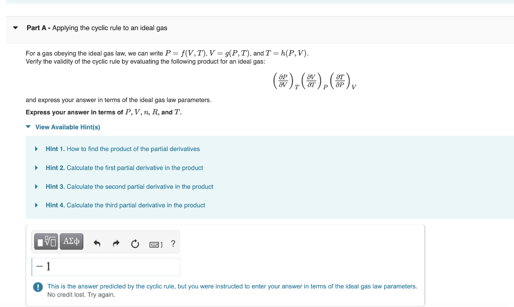 Part A Applying The Cyclic Rule To An Ideal Gas For A Gas Obeying The Ideal Gas Law We Can Write P F V T V G P 1