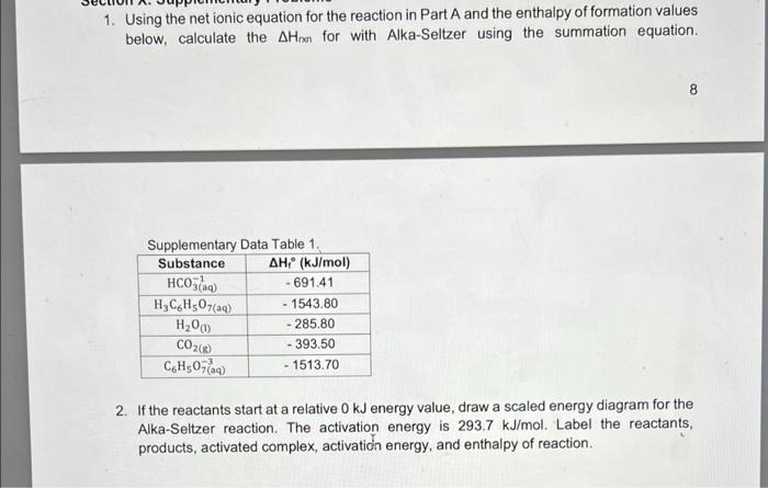 1 Using The Net Ionic Equation For The Reaction In Part A And The Enthalpy Of Formation Values Below Calculate The Aho 1
