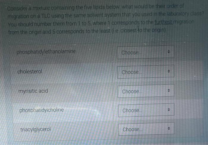 Consider A Mixture Containing The Five Lipids Below What Would Be Their Order Of Migration On A Tlc Using The Same Solve 1