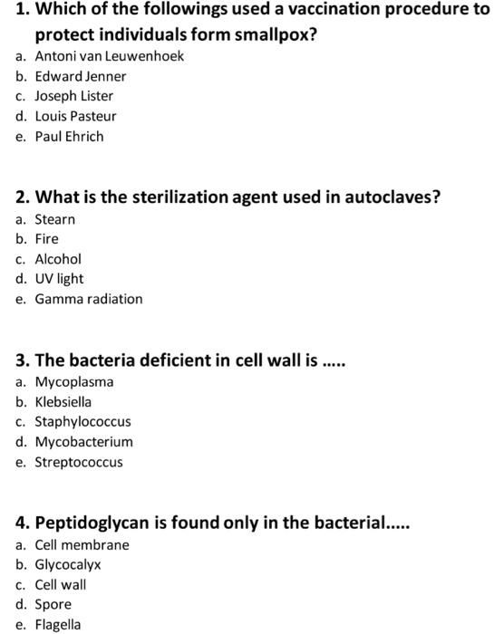 1 Which Of The Followings Used A Vaccination Procedure To Protect Individuals Form Smallpox A Antoni Van Leuwenhoek B 1