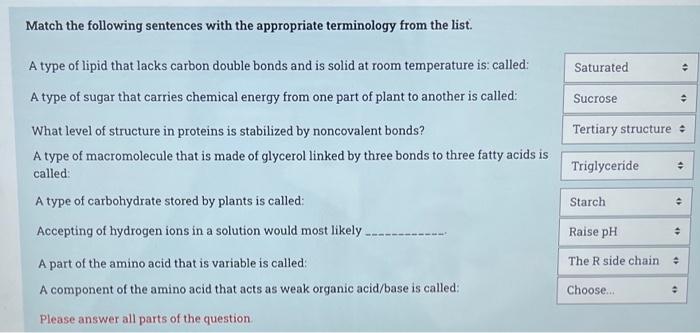 Match The Following Sentences With The Appropriate Terminology From The List A Type Of Lipid That Lacks Carbon Double B 1
