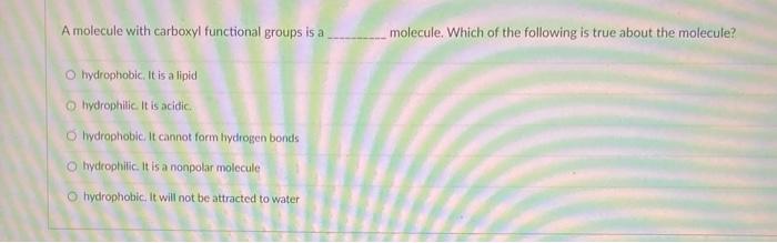 A Molecule With Carboxyl Functional Groups Is A Ohydrophobic It Is A Lipid Hydrophilic It Is Acidic Ohydrophobic It 1