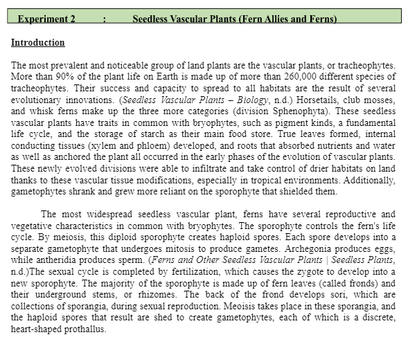 Experiment 2 Seedless Vascular Plants Fern Allies And Ferns Introduction The Most Prevalent And Noticeable Group Of La 1