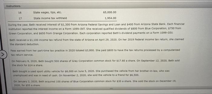 Instructions Note This Problem Is For The 2020 Tax Year Beth R Jordan Lives At 2322 Skyview Road Mesa Az 85201 She 2