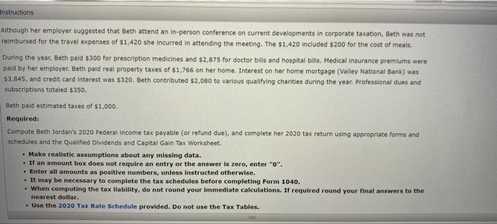 Instructions Note This Problem Is For The 2020 Tax Year Beth R Jordan Lives At 2322 Skyview Road Mesa Az 85201 She 4