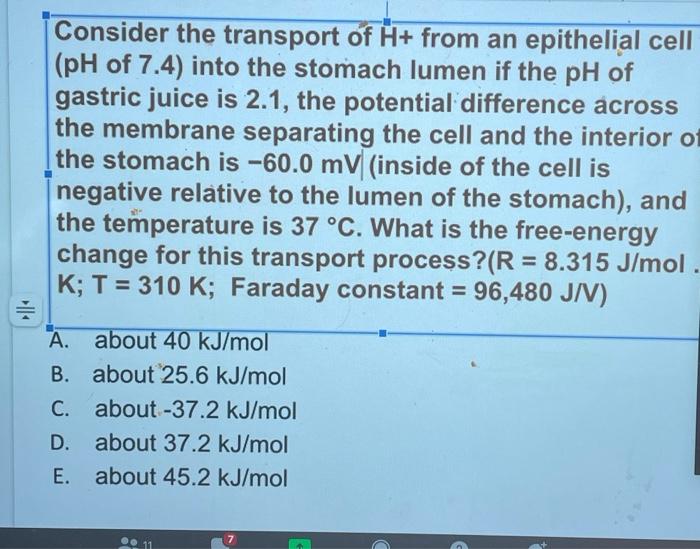Consider The Transport Of H From An Epithelial Cell Ph Of 7 4 Into The Stomach Lumen If The Ph Of Gastric Juice 1