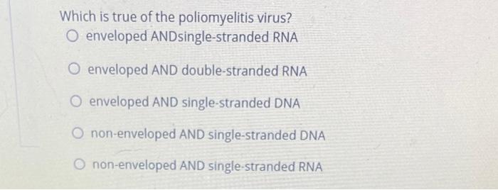 Which Is True Of The Poliomyelitis Virus O Enveloped Andsingle Stranded Rna Enveloped And Double Stranded Rna O Envelop 1