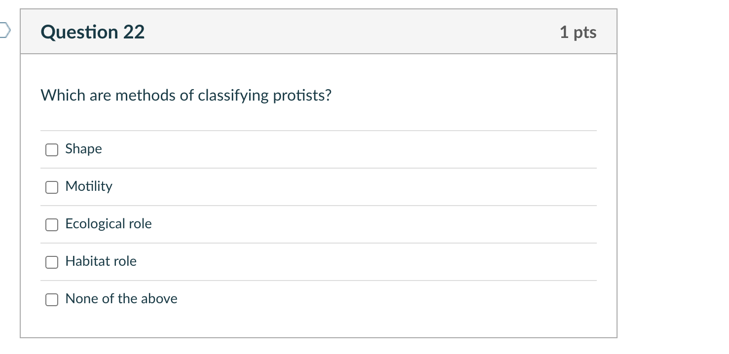 Question 22 Which Are Methods Of Classifying Protists Shape Motility Ecological Role Habitat Role None Of The Above 1 1