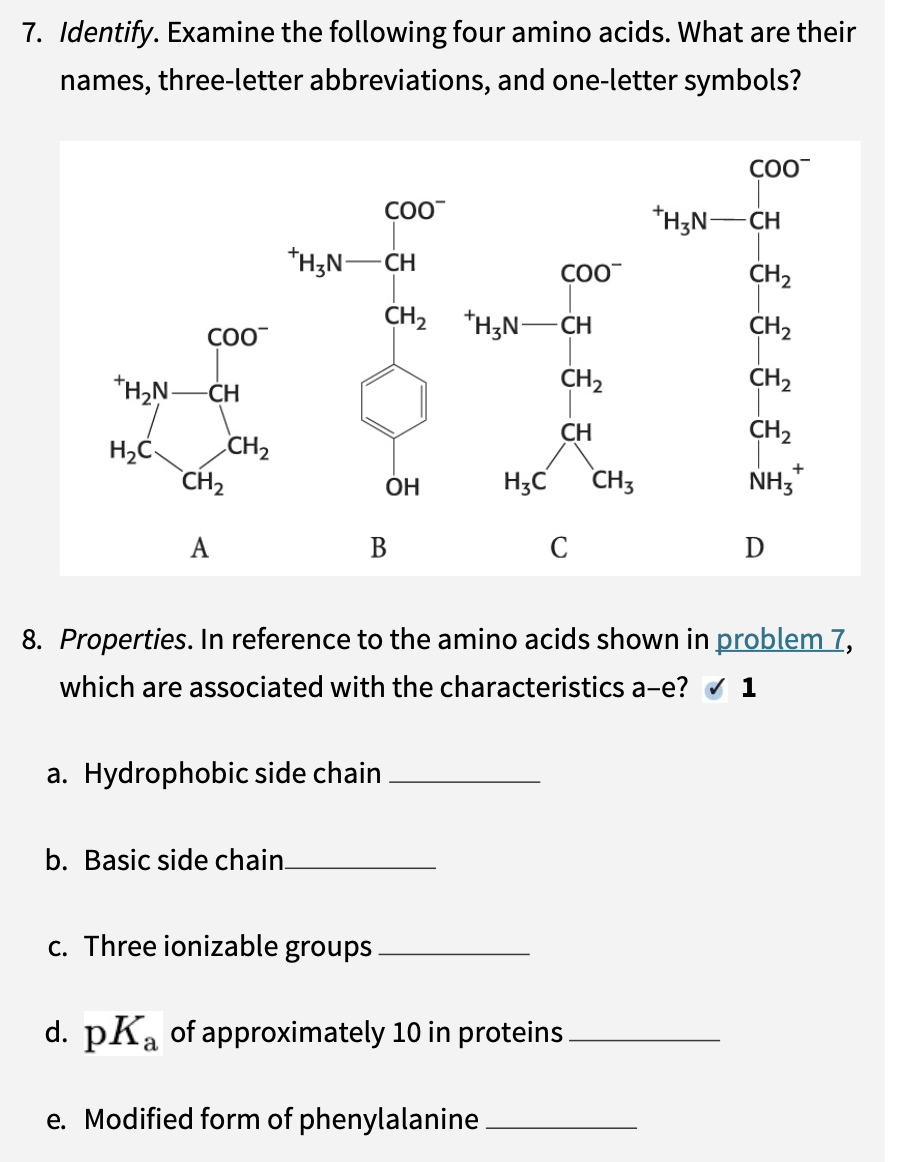 7 Identify Examine The Following Four Amino Acids What Are Their Names Three Letter Abbreviations And One Letter Sy 1