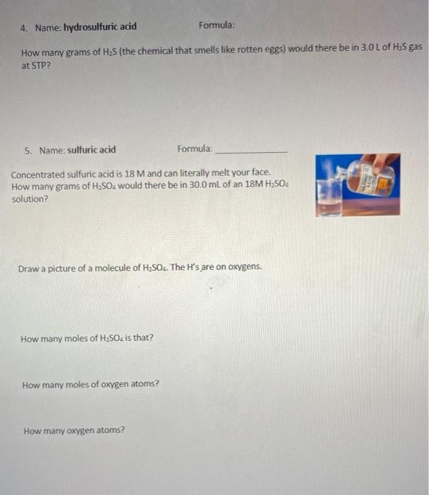 4 Name Hydrosulfuric Acid How Many Grams Of H S The Chemical That Smells Like Rotten Eggs Would There Be In 3 0 L Of 1