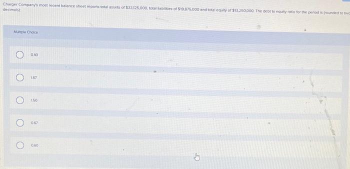 Charger Company S Most Recent Balance Sheet Reports Total Sets Of 13 125 000 Total Abates Of 19 875 000 And Total Equi 1