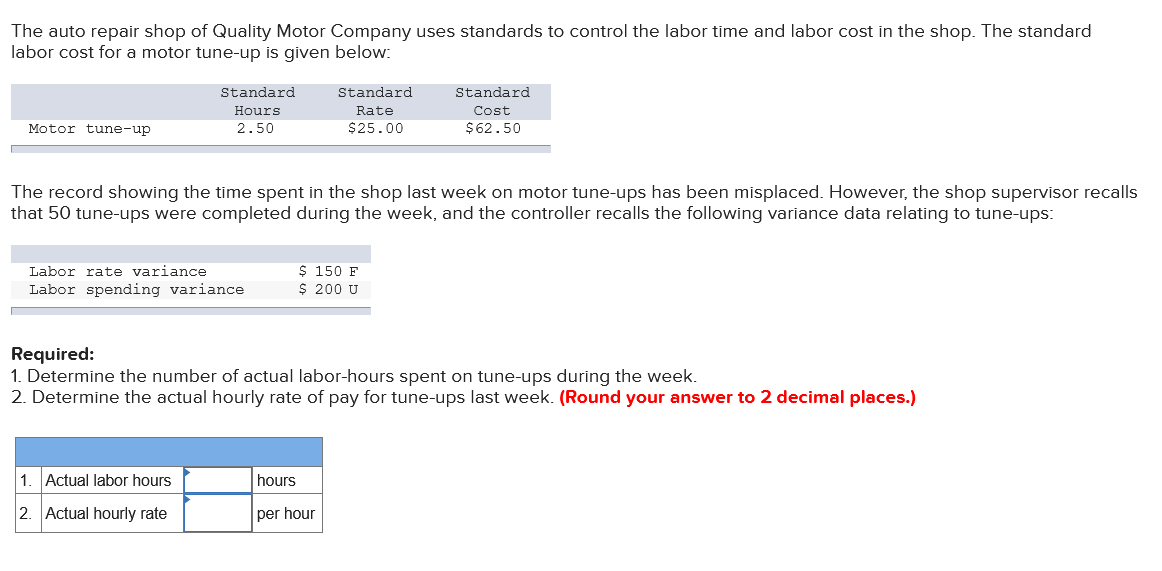 The Auto Repair Shop Of Quality Motor Company Uses Standards To Control The Labor Time And Labor Cost In The Shop The S 1