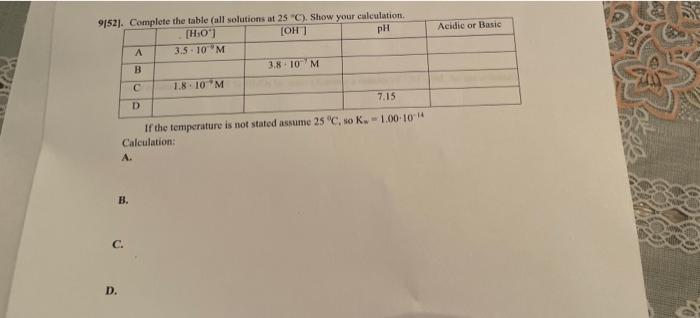 91521 Complete The Table All Solutions At 25 C Show Your Calculation H O Oh Ph 3 5 10 M D B A B C D A 1 8 1