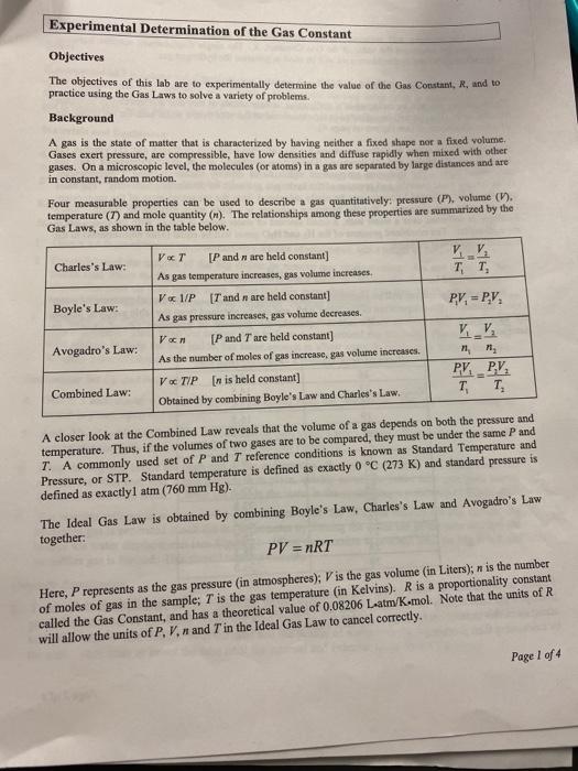 Experimental Determination Of The Gas Constant Objectives The Objectives Of This Lab Are To Experimentally Determine The 1