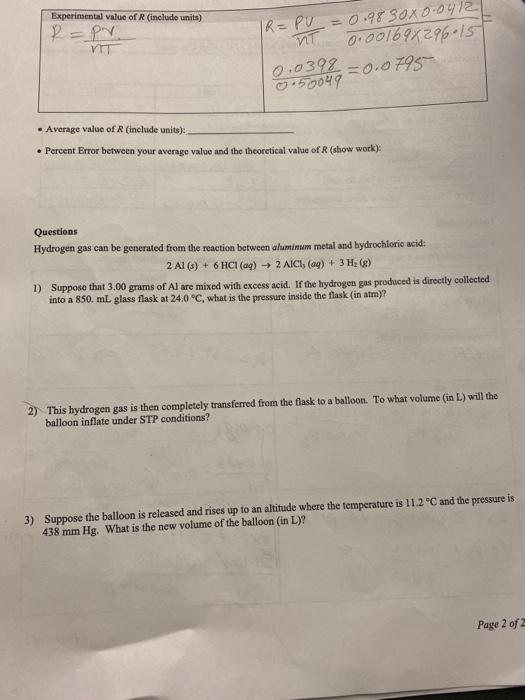 Experimental Determination Of The Gas Constant Objectives The Objectives Of This Lab Are To Experimentally Determine The 3