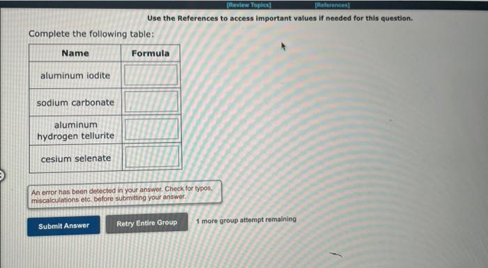 Complete The Following Table Name Aluminum Iodite Sodium Carbonate Aluminum Hydrogen Tellurite Cesium Selenate Review 1