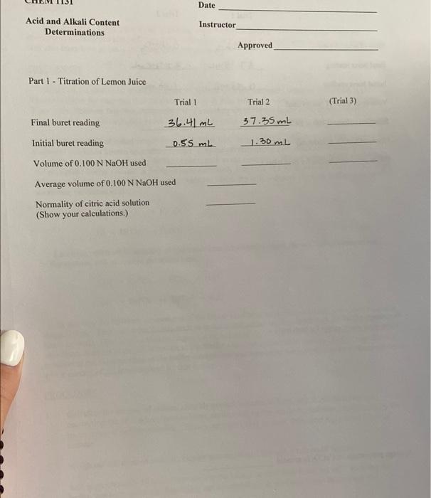 Acid And Alkali Content Determinations Part 1 Titration Of Lemon Juice Date Final Buret Reading Initial Buret Reading 1