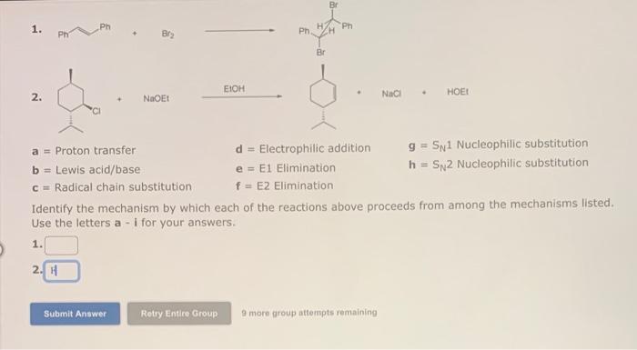 1 2 Ph 2 H Br A Proton Transfer B Lewis Acid Base C Radical Chain Substitution Naoet Submit Answer Eich Retry En 1